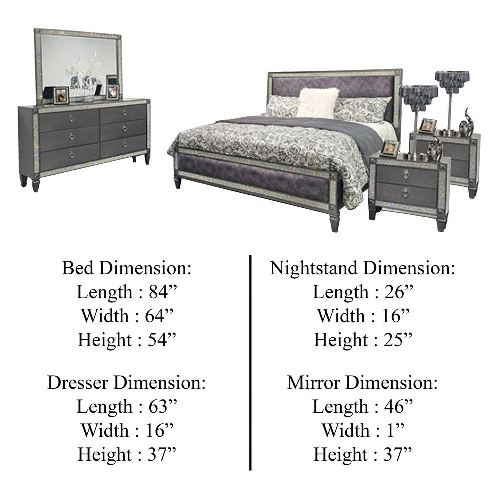 Laine 5pc Queen Bedroom Set | 2 Nightstands | Crystal Trim Gray Upholstery
