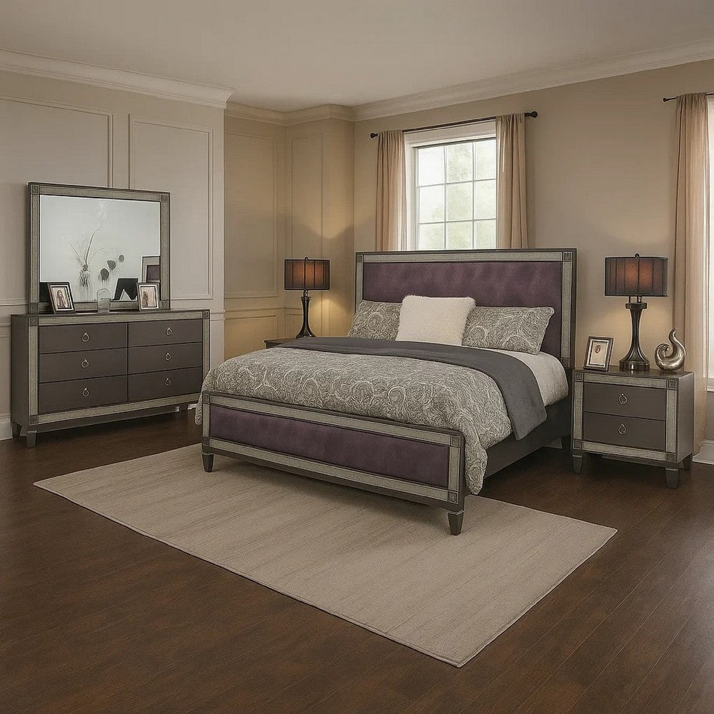 Laine 5pc Queen Bedroom Set | 2 Nightstands | Crystal Trim Gray Upholstery