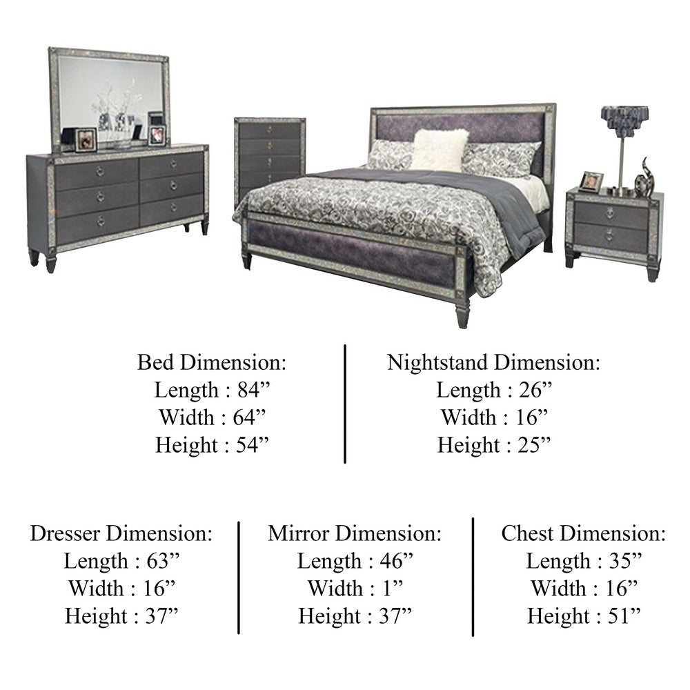 Laine 5pc Queen Bedroom Set | Tall Chest | Crystal Trim Gray Upholstery