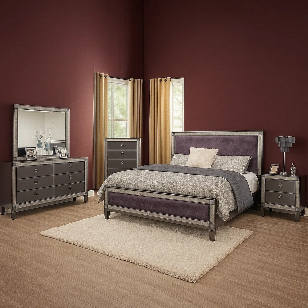 Laine 5pc Queen Bedroom Set | Tall Chest | Crystal Trim Gray Upholstery