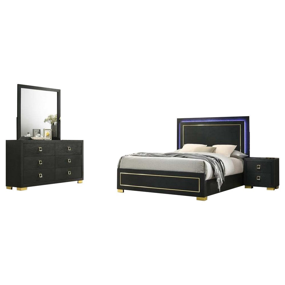 Lati 4pc Queen Bedroom Set | LED Panel Headboard & Gold Trim | Black
