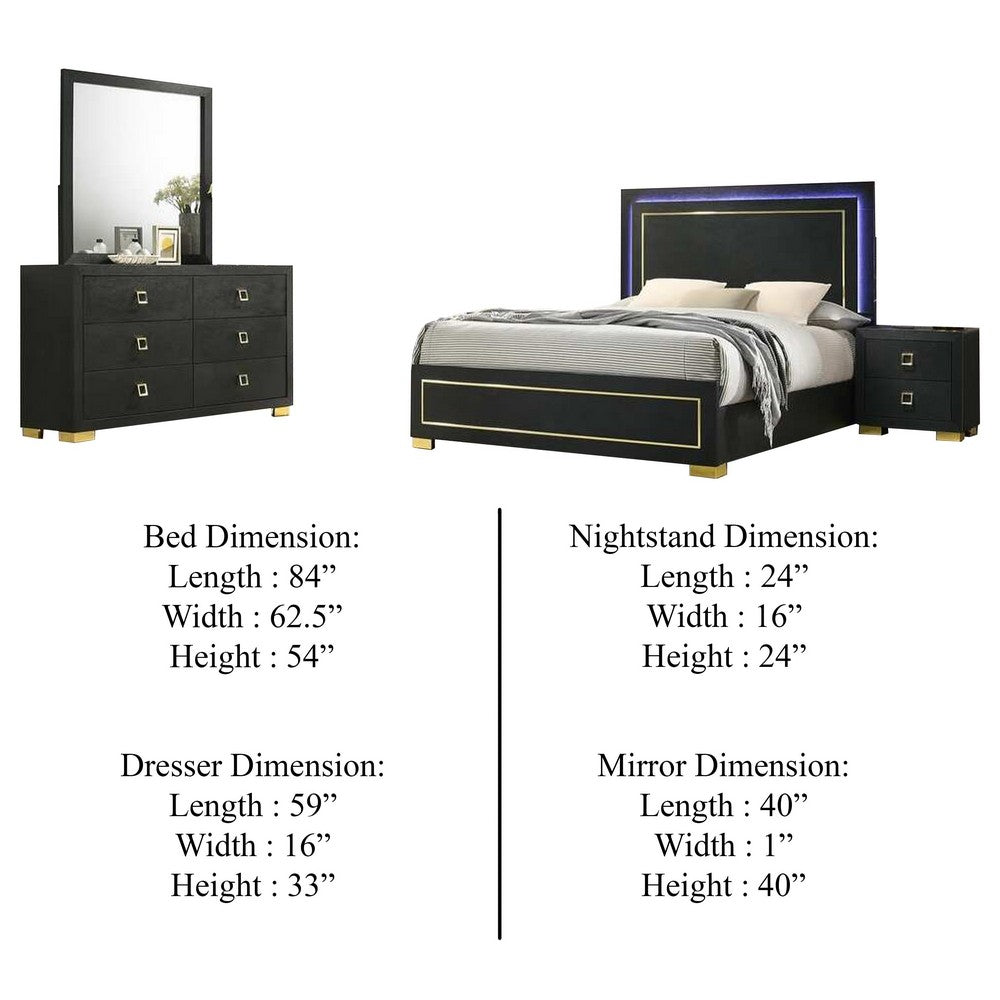 Lati 4pc Queen Bedroom Set | LED Panel Headboard & Gold Trim | Black