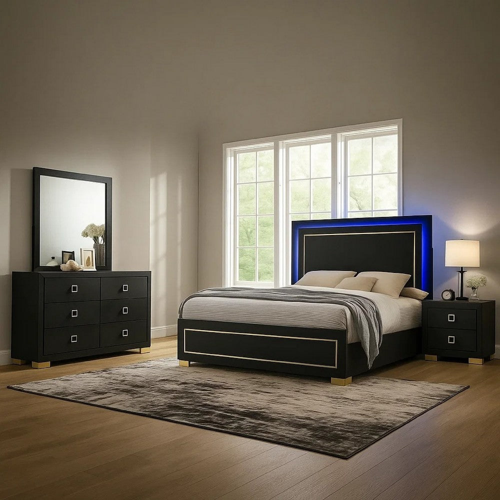 Lati 4pc Queen Bedroom Set | LED Panel Headboard & Gold Trim | Black