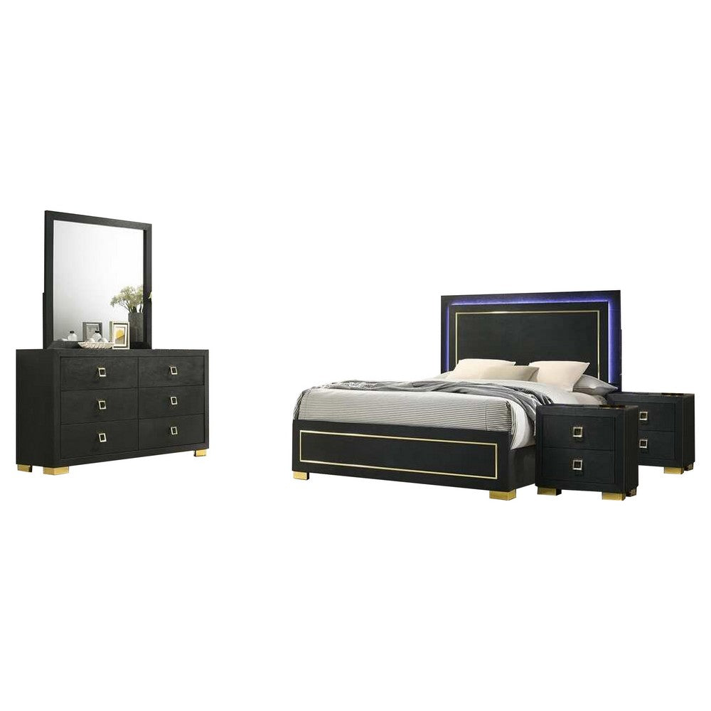 Lati 5pc Queen Bedroom Set w 2 Nightstands | LED | Black w Gold Trim