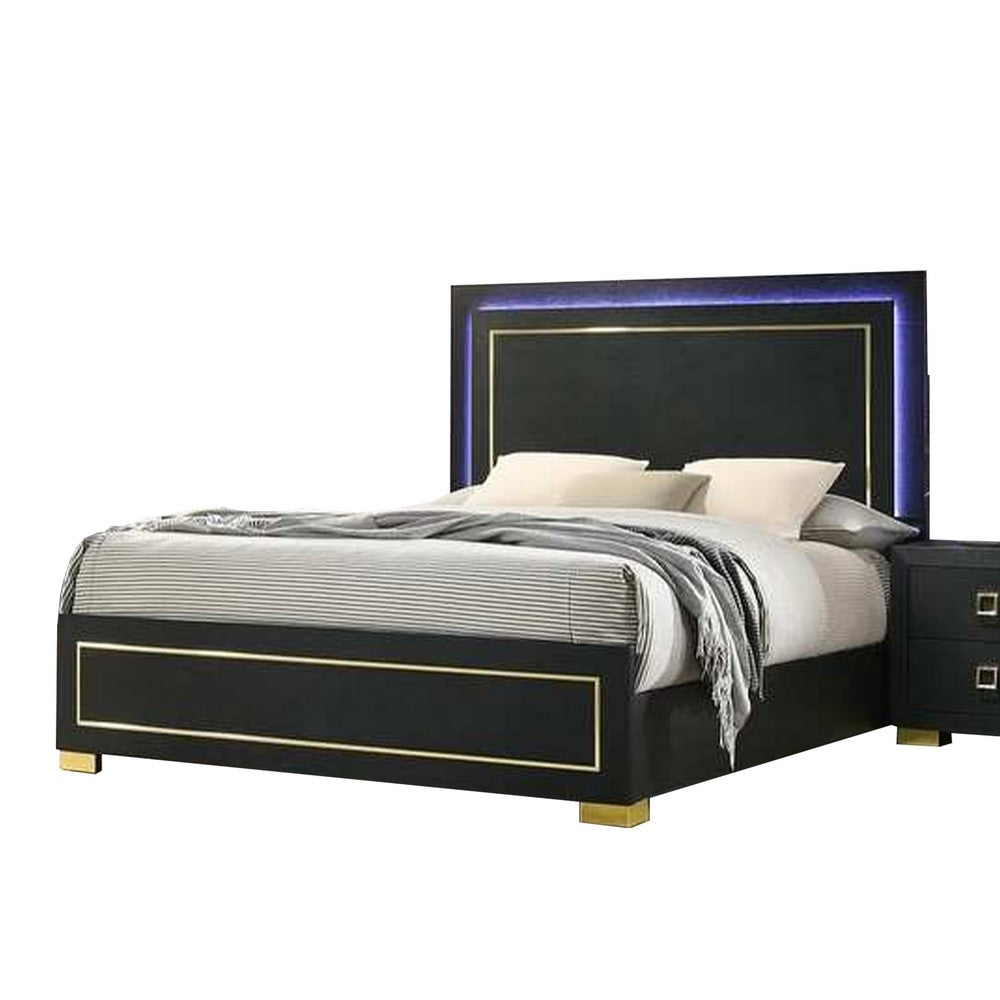Lati 5pc Queen Bedroom Set w 2 Nightstands | LED | Black w Gold Trim