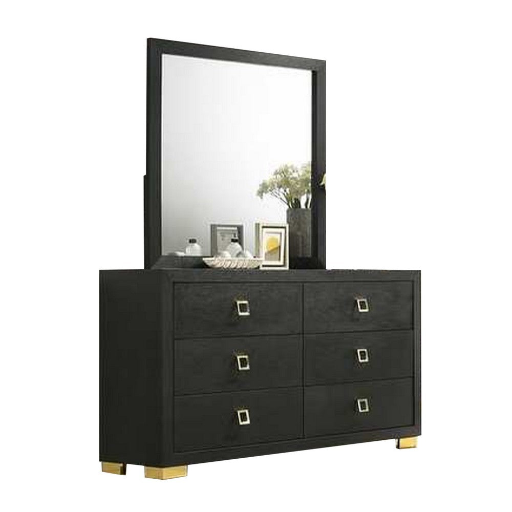Lati 5pc Queen Bedroom Set w 2 Nightstands | LED | Black w Gold Trim