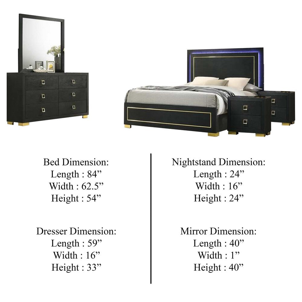 Lati 5pc Queen Bedroom Set w 2 Nightstands | LED | Black w Gold Trim