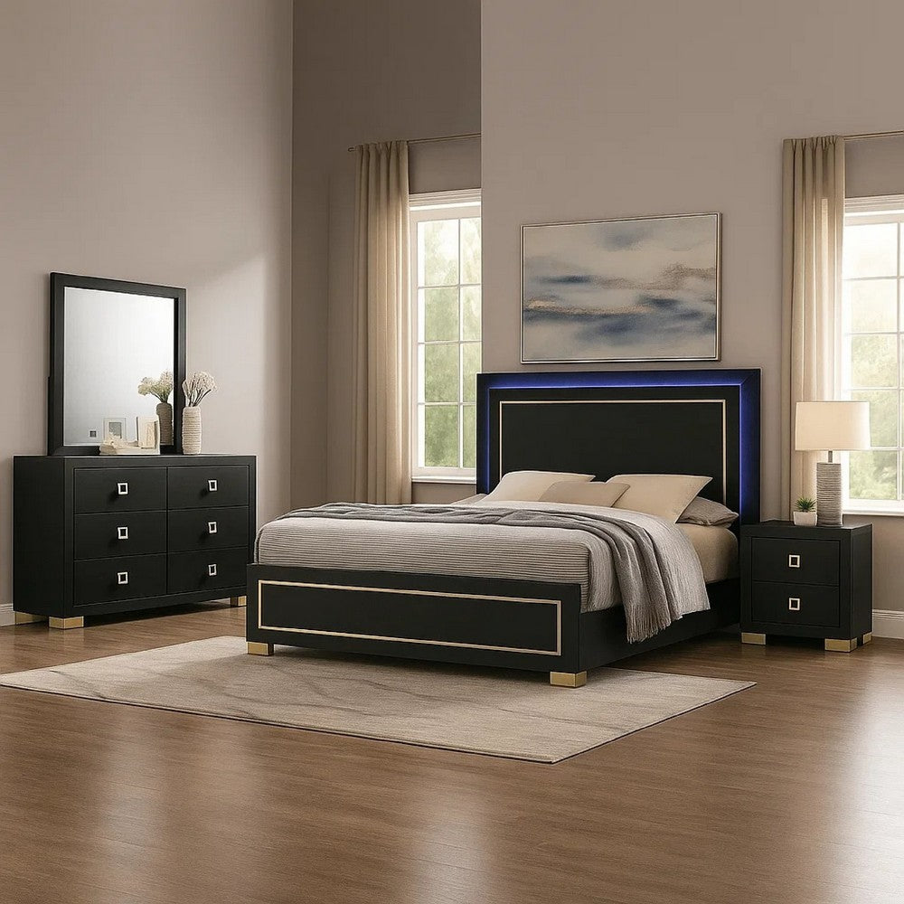 Lati 5pc Queen Bedroom Set w 2 Nightstands | LED | Black w Gold Trim