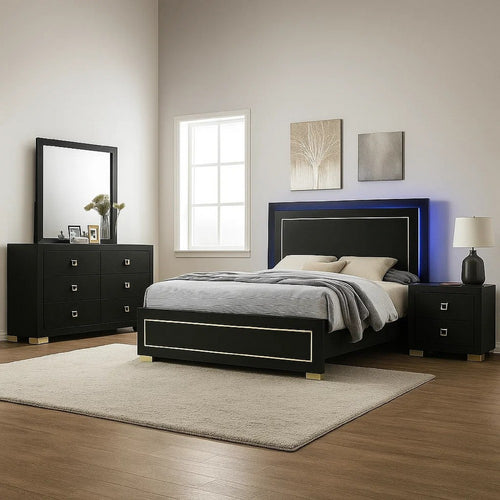 Lati 5pc Queen Bedroom Set w 2 Nightstands | LED | Black w Gold Trim