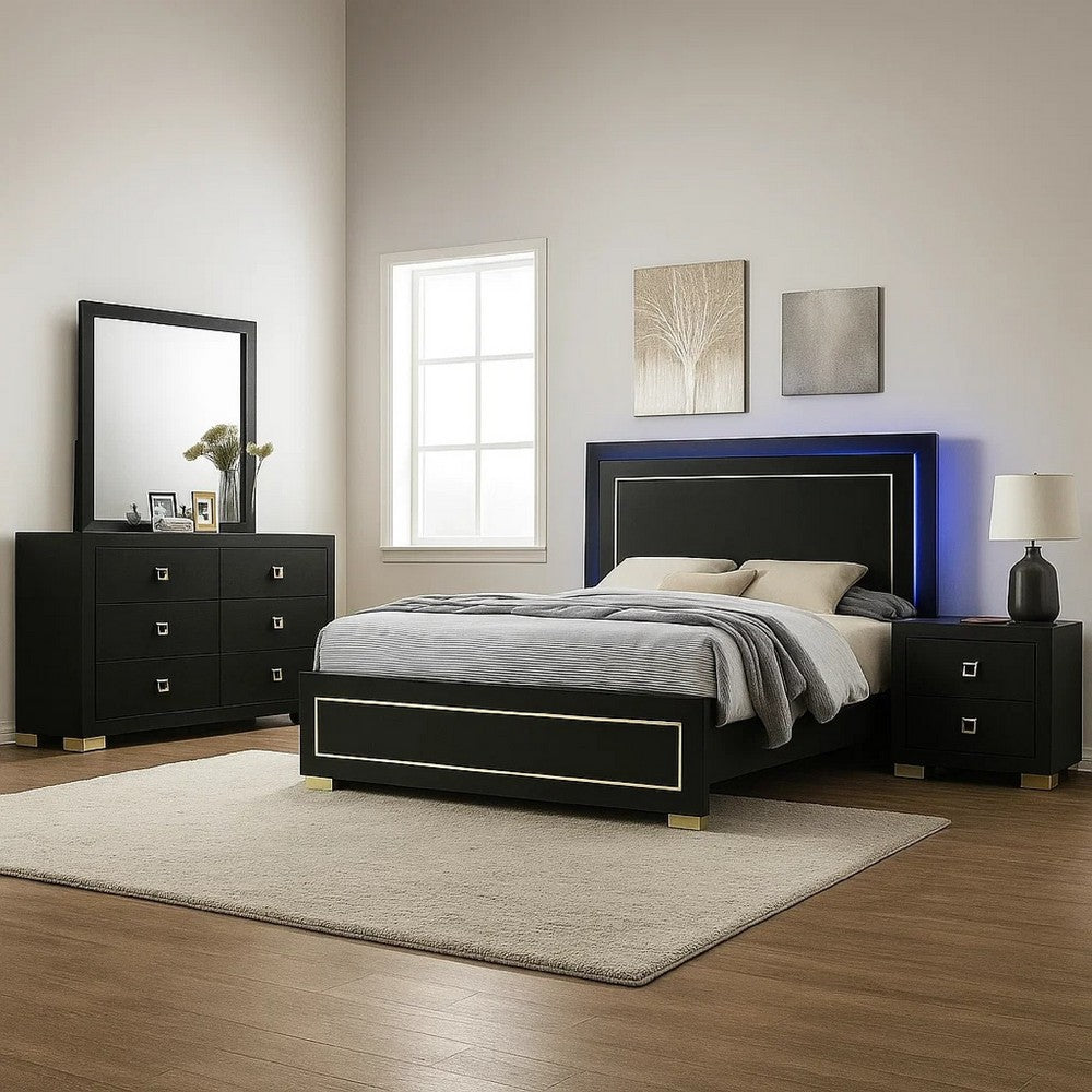 Lati 5pc Queen Bedroom Set w 2 Nightstands | LED | Black w Gold Trim