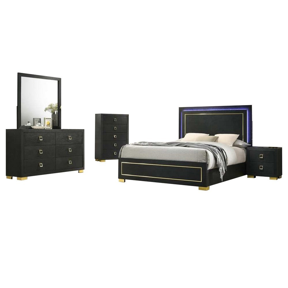 Lati 5pc Queen Bedroom Set w Tall Dresser | LED | Black w Gold Trim