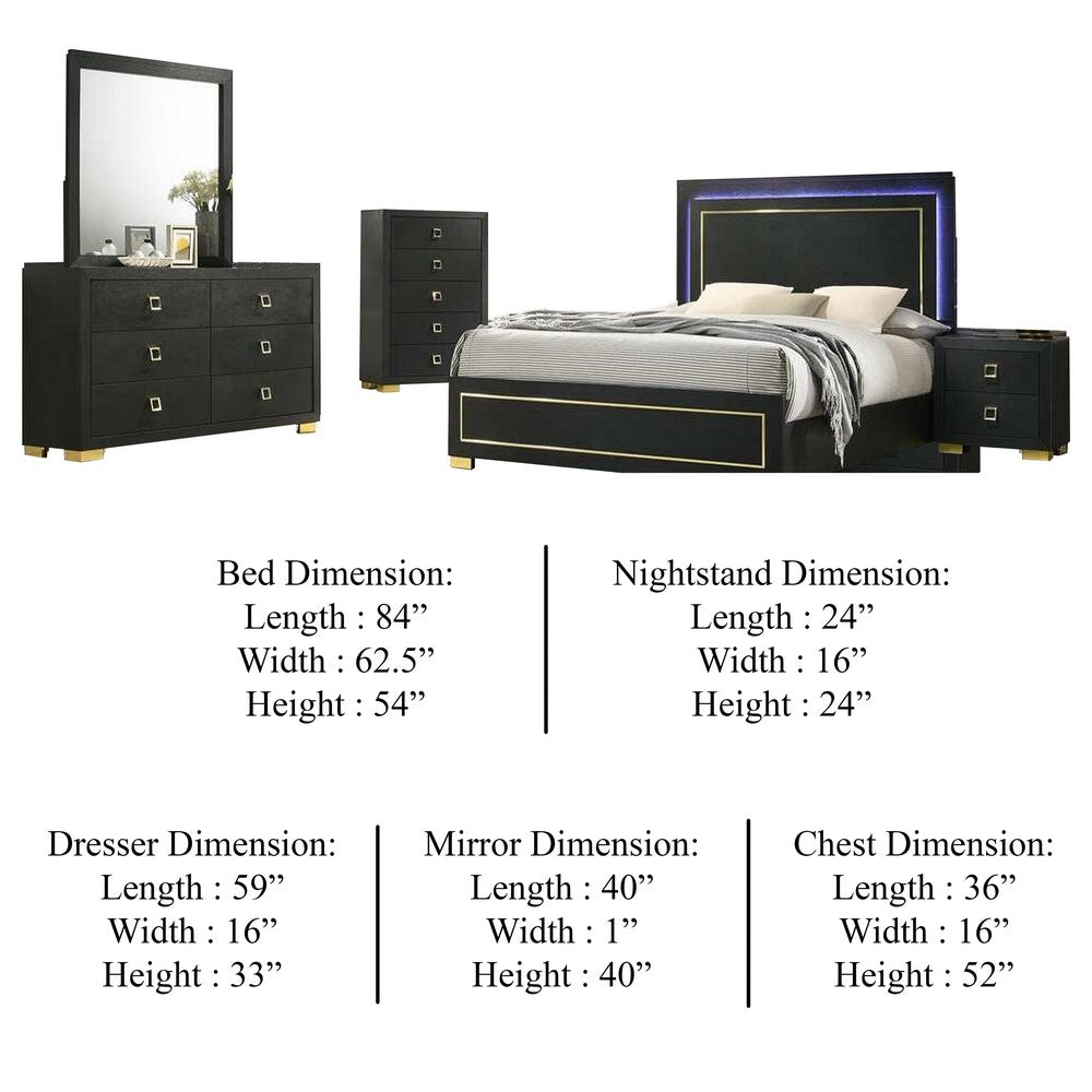 Lati 5pc Queen Bedroom Set w Tall Dresser | LED | Black w Gold Trim