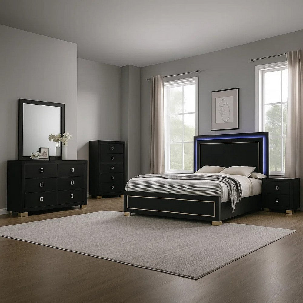 Lati 5pc Queen Bedroom Set w Tall Dresser | LED | Black w Gold Trim