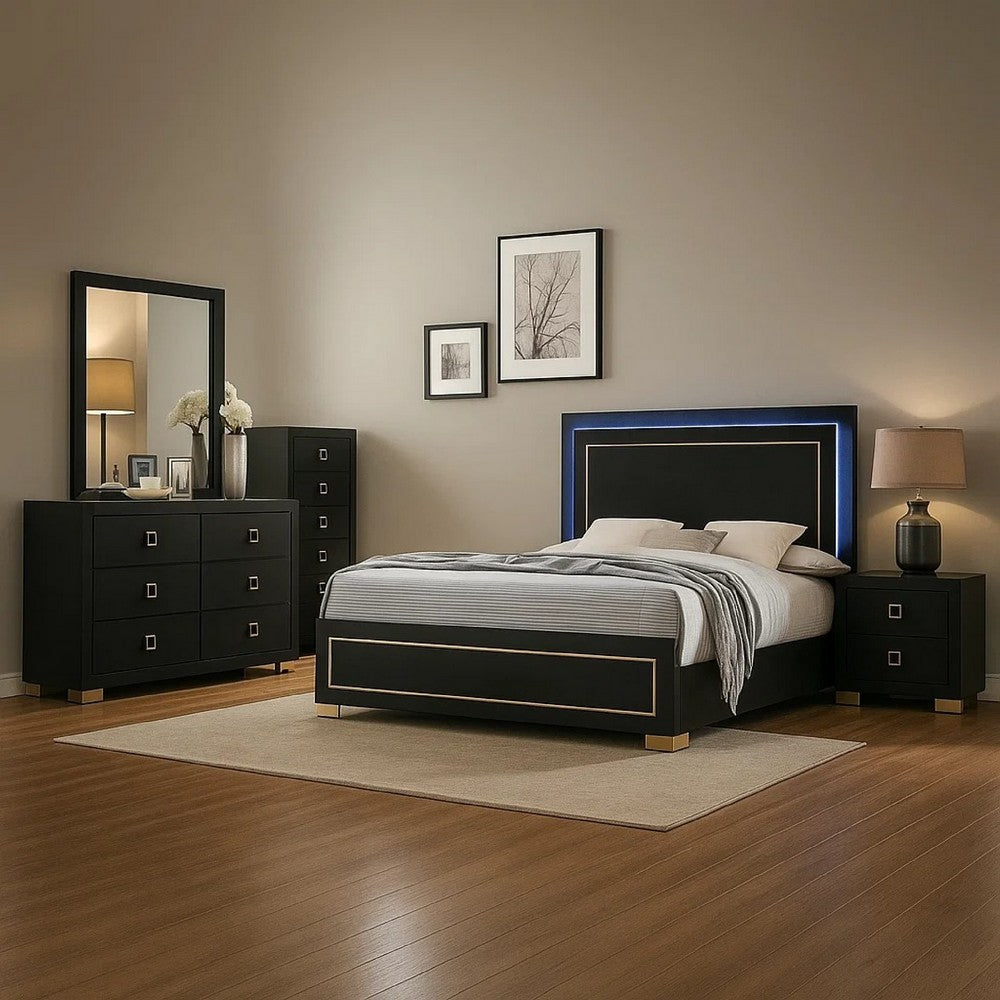 Lati 5pc Queen Bedroom Set w Tall Dresser | LED | Black w Gold Trim