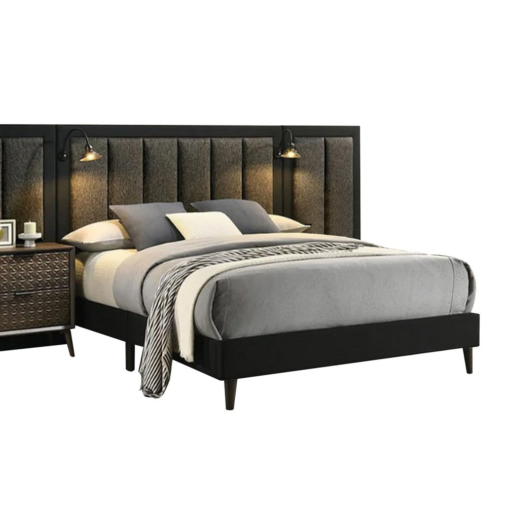 Fel 4pc Queen Bedroom Set w 2 Wall Panels | Reading Light | Brown Upholstery