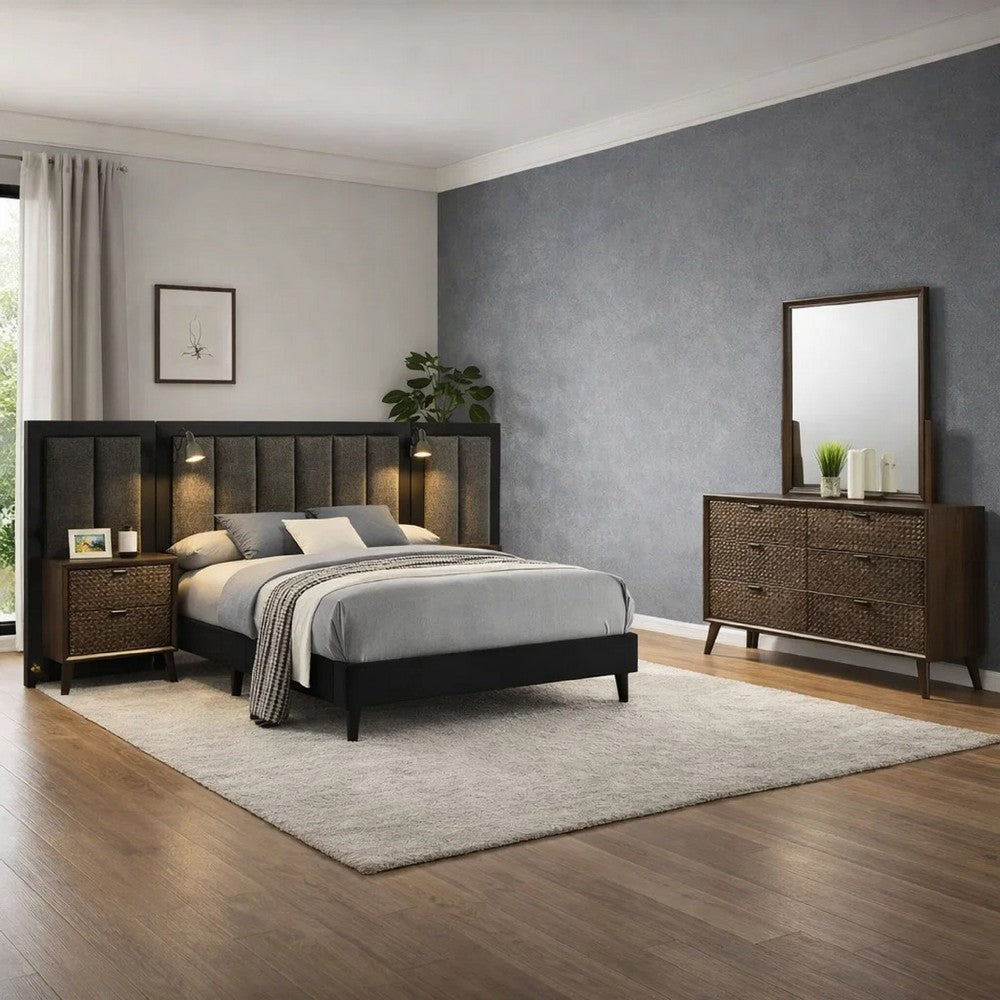Fel 4pc Queen Bedroom Set w 2 Wall Panels | Reading Light | Brown Upholstery