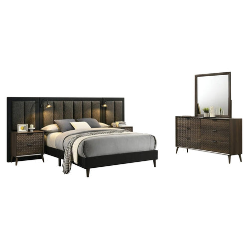 Fel 5pc Queen Bedroom Set | 2 Nightstands Wall Panels | Reading Light | Brown