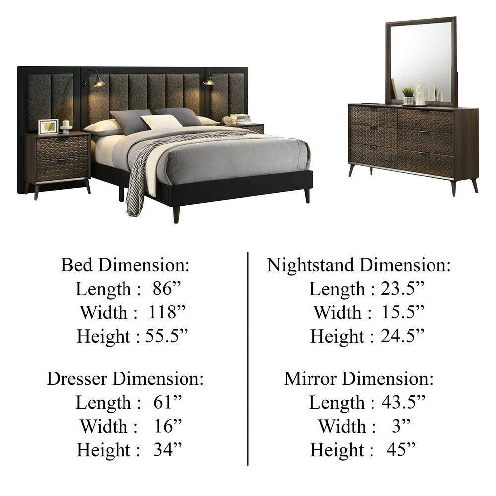 Fel 5pc Queen Bedroom Set | 2 Nightstands Wall Panels | Reading Light | Brown