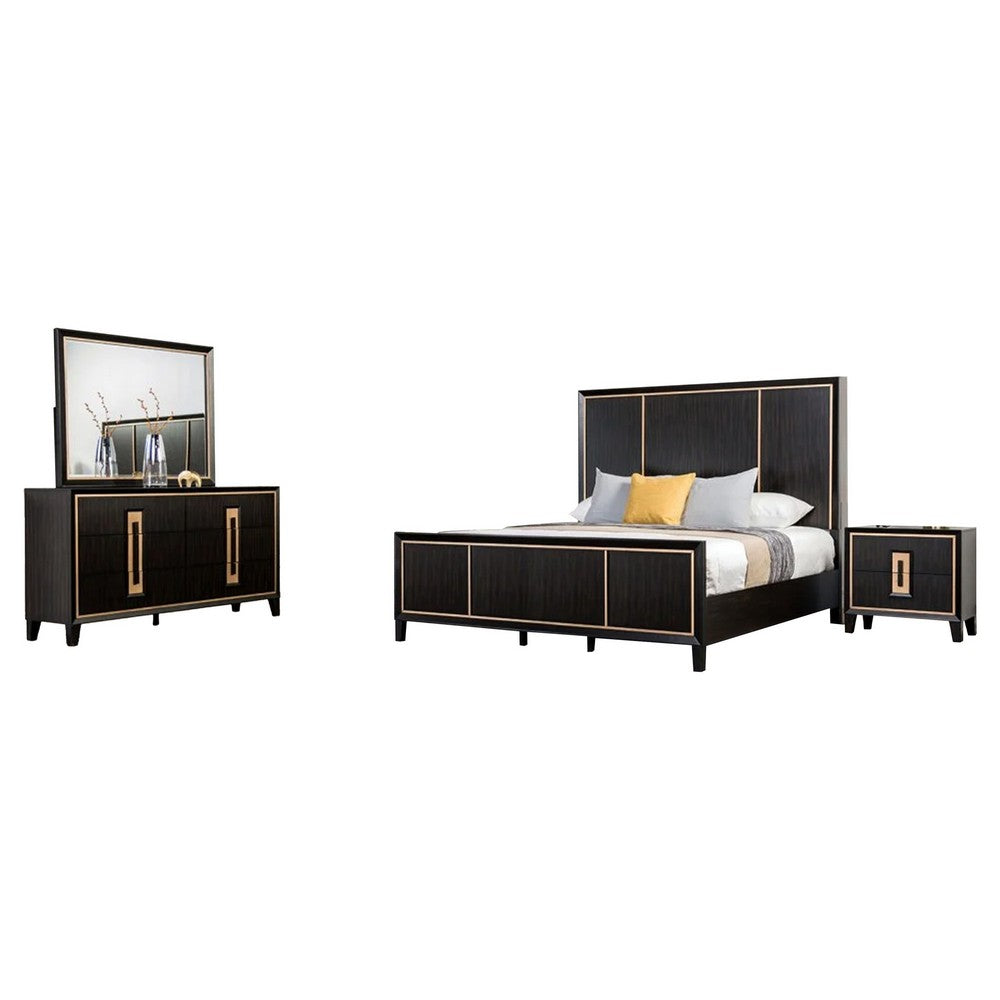 Yada 4pc Queen Bedroom Set w Dresser Mirror | Espresso Brown w Gold Trim