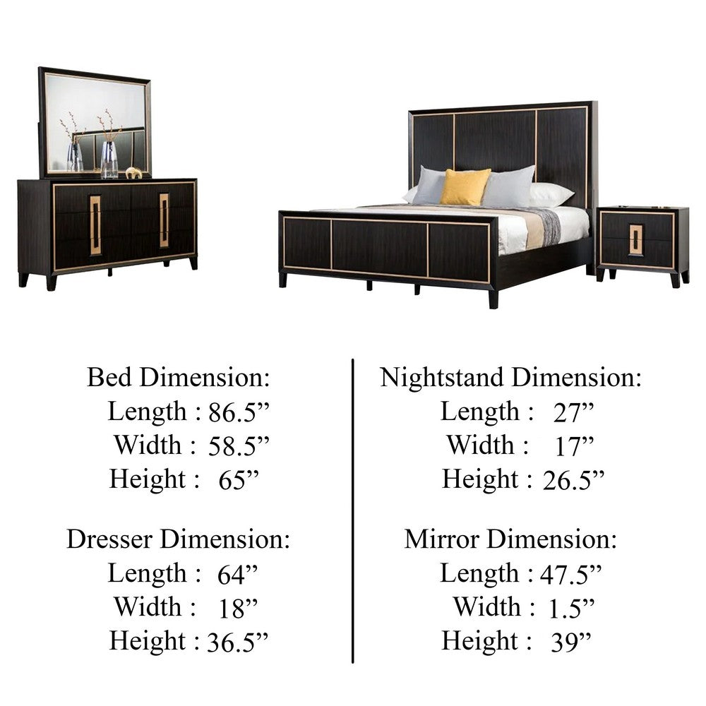 Yada 4pc Queen Bedroom Set w Dresser Mirror | Espresso Brown w Gold Trim