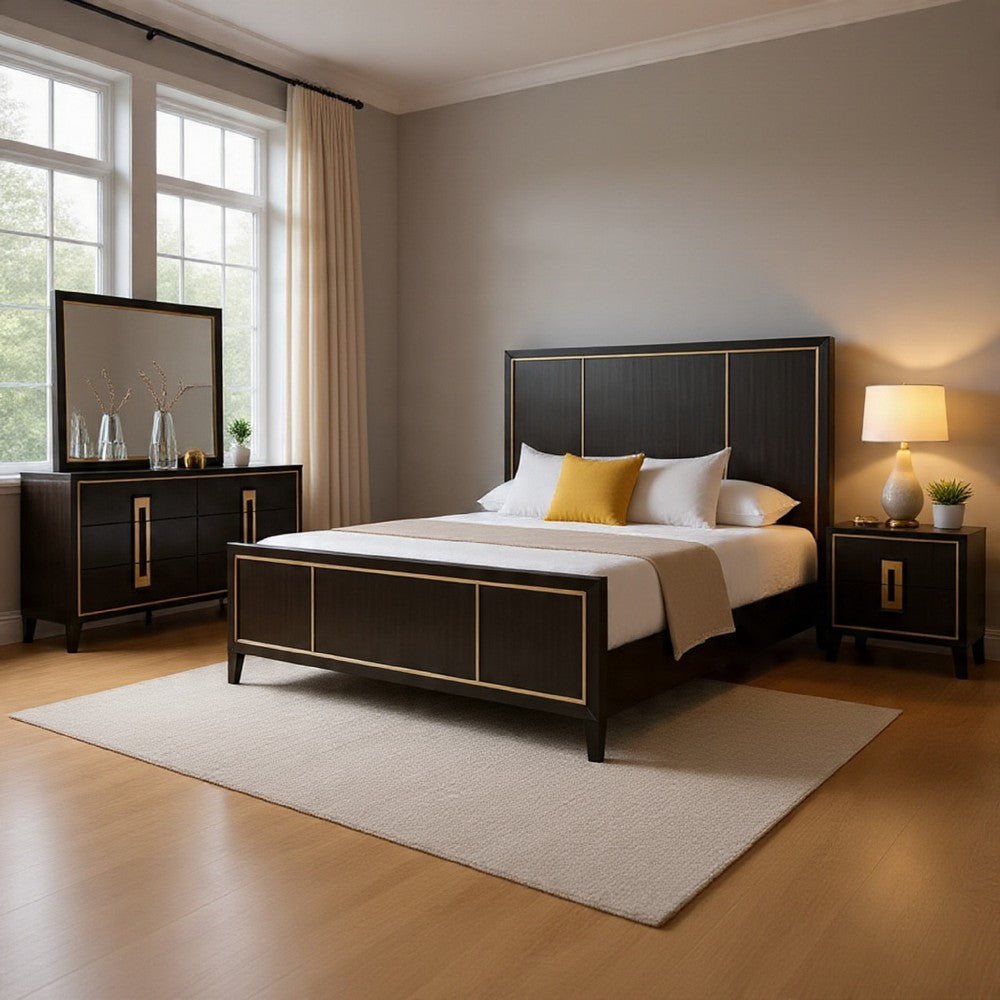 Yada 4pc Queen Bedroom Set w Dresser Mirror | Espresso Brown w Gold Trim