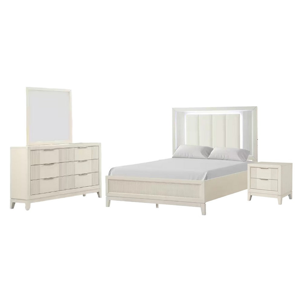 Toi 4pc Queen Bedroom Set w Dresser Mirror | Fluted LED | White Upholstery