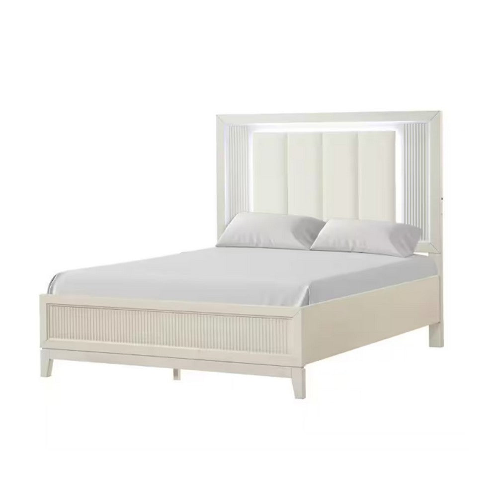 Toi 4pc Queen Bedroom Set w Dresser Mirror | Fluted LED | White Upholstery