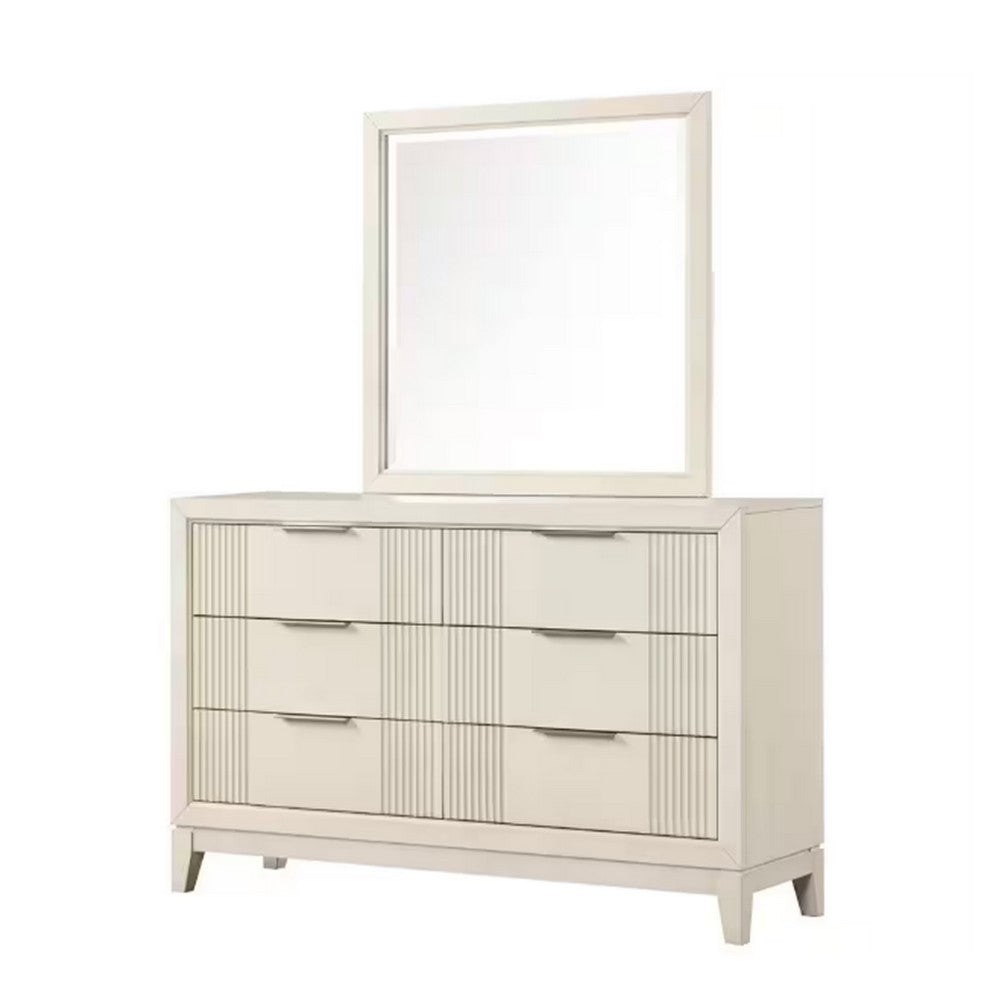 Toi 4pc Queen Bedroom Set w Dresser Mirror | Fluted LED | White Upholstery