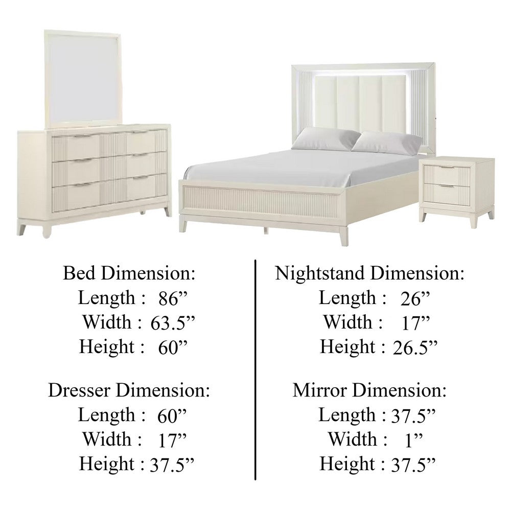 Toi 4pc Queen Bedroom Set w Dresser Mirror | Fluted LED | White Upholstery
