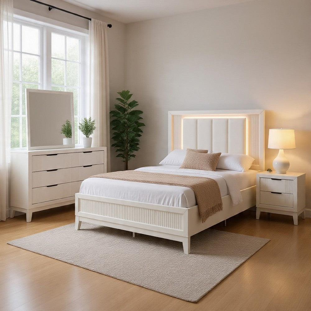 Toi 4pc Queen Bedroom Set w Dresser Mirror | Fluted LED | White Upholstery