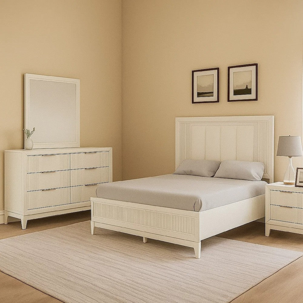 Toi 4pc Queen Bedroom Set w Dresser Mirror | Fluted LED | White Upholstery