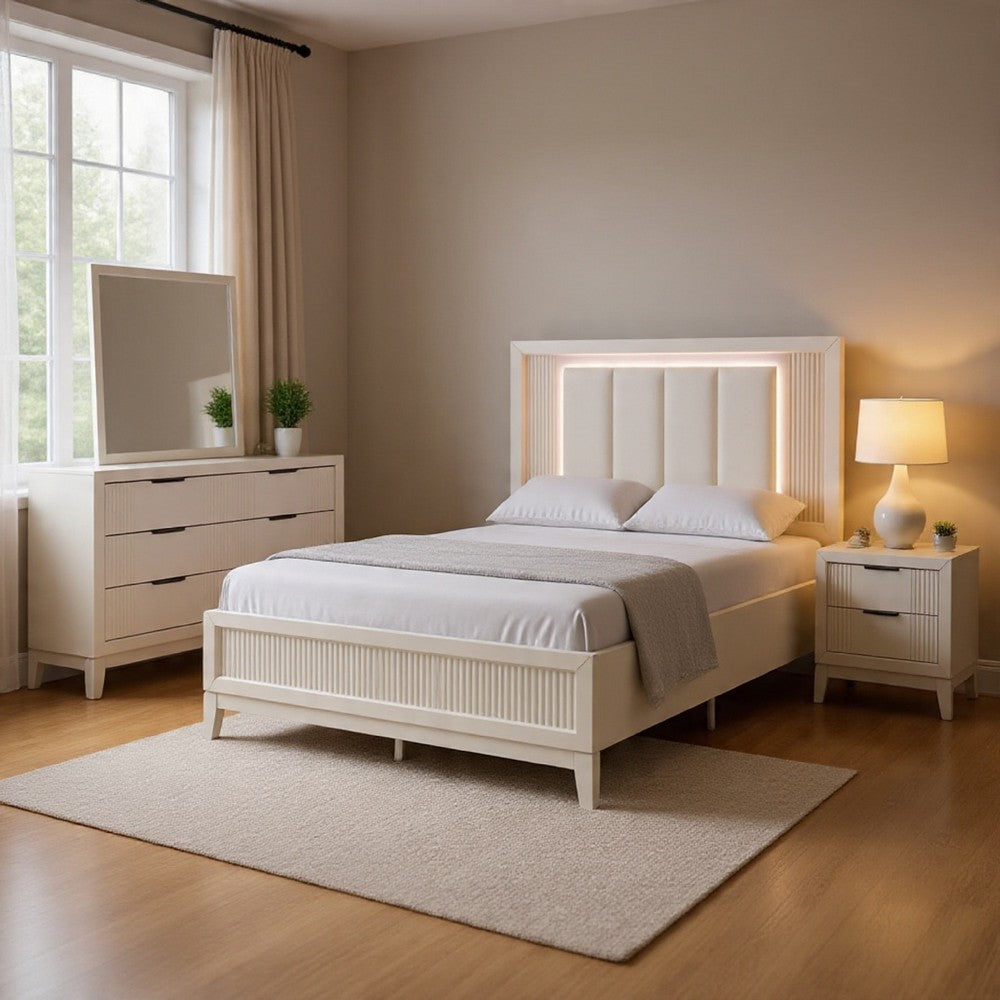 Toi 4pc Queen Bedroom Set w Dresser Mirror | Fluted LED | White Upholstery