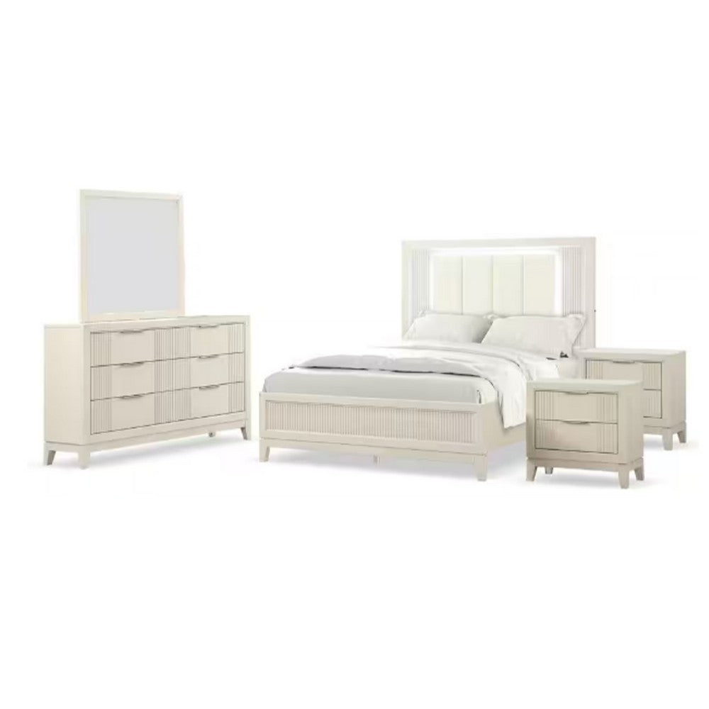 Toi 5pc Queen Bedroom Set w 2 Nightstands | Fluted LED | White Upholstery