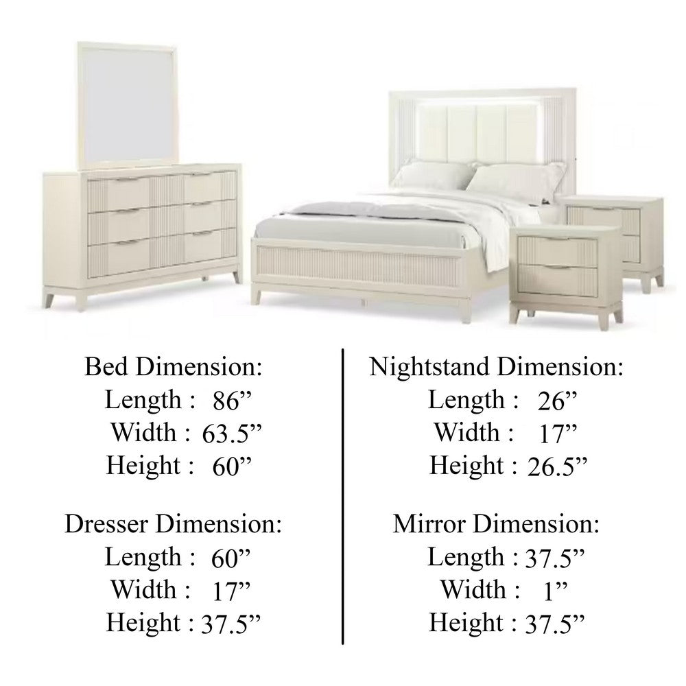 Toi 5pc Queen Bedroom Set w 2 Nightstands | Fluted LED | White Upholstery