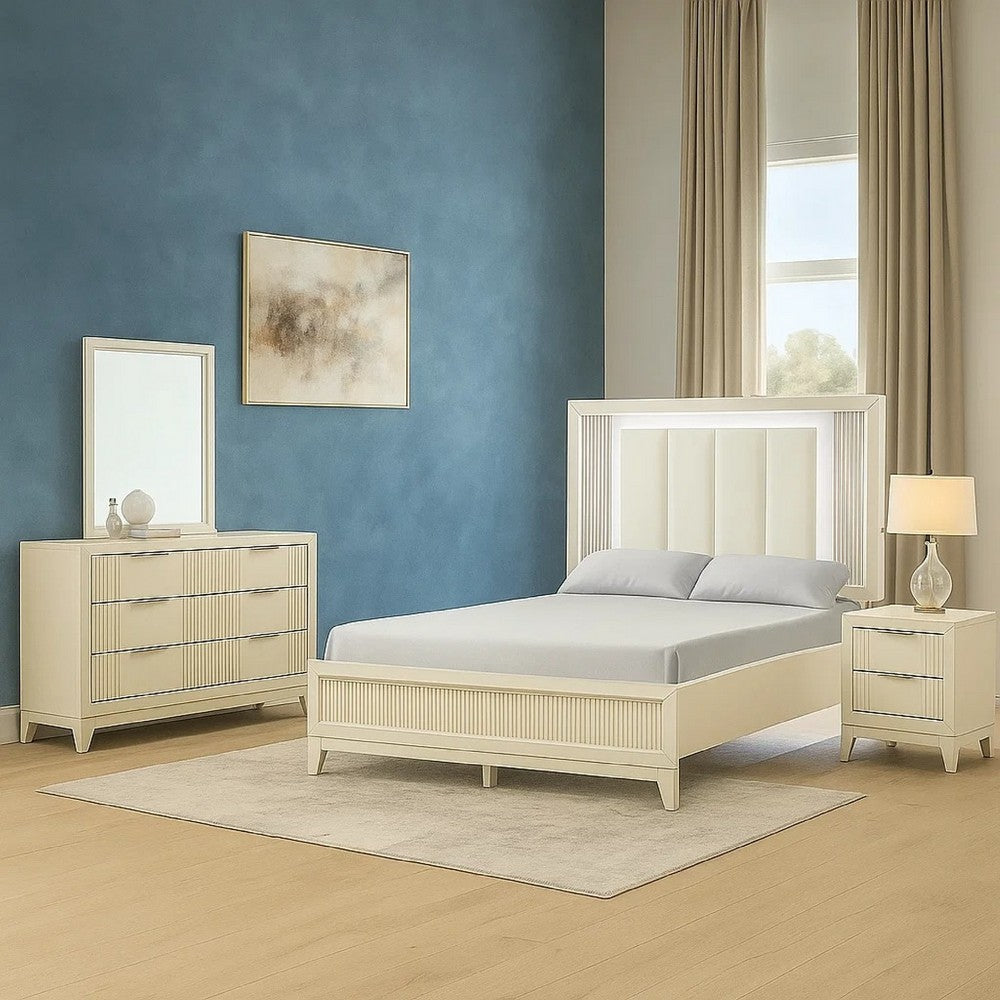 Toi 5pc Queen Bedroom Set w 2 Nightstands | Fluted LED | White Upholstery