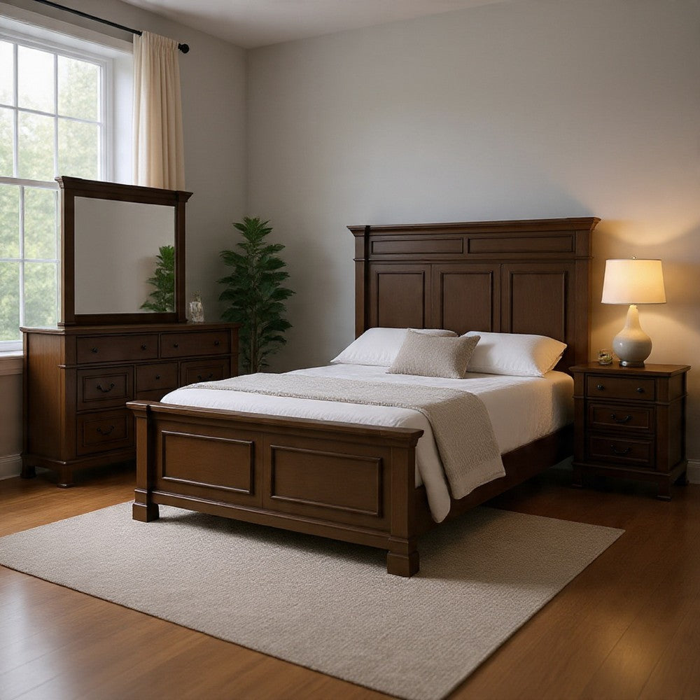Huder 4pc Queen Bedroom Set | Sculpted Headboard | Dark Walnut Brown