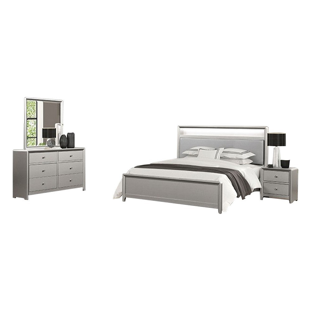 Broy 4pc Queen Bedroom Set w LED Bookcase Headboard | Mirror | Silver