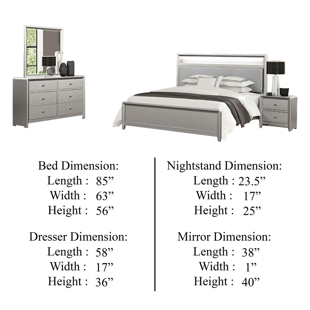 Broy 4pc Queen Bedroom Set w LED Bookcase Headboard | Mirror | Silver