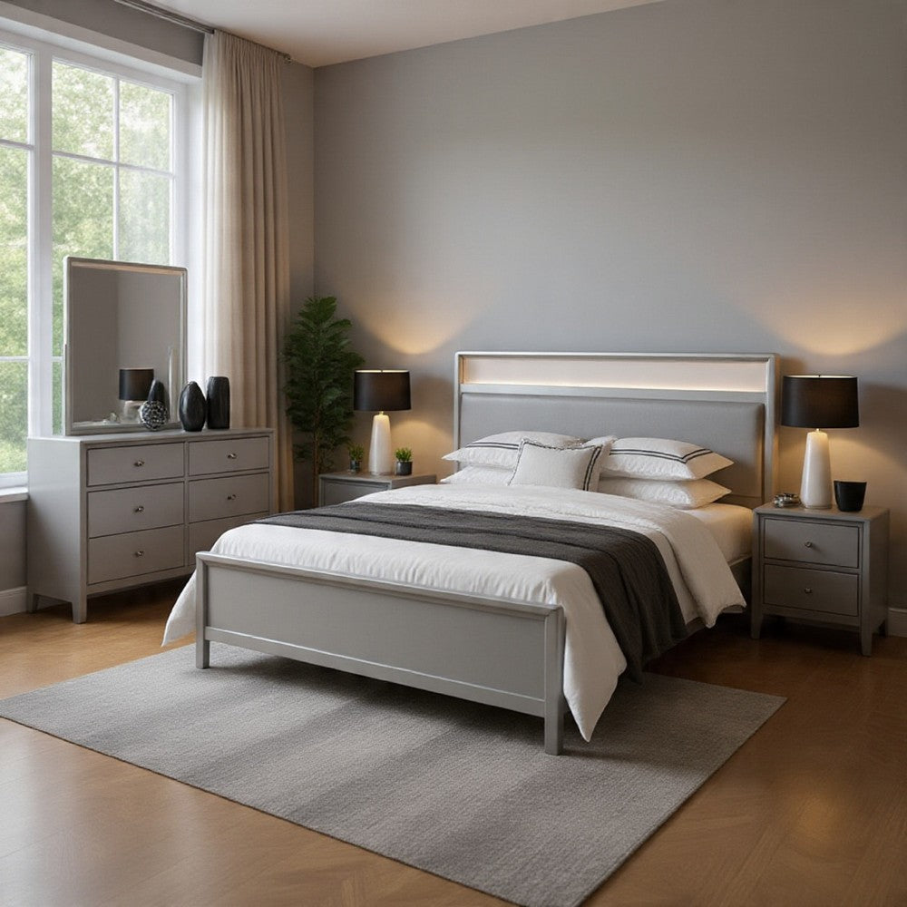 Broy 4pc Queen Bedroom Set w LED Bookcase Headboard | Mirror | Silver