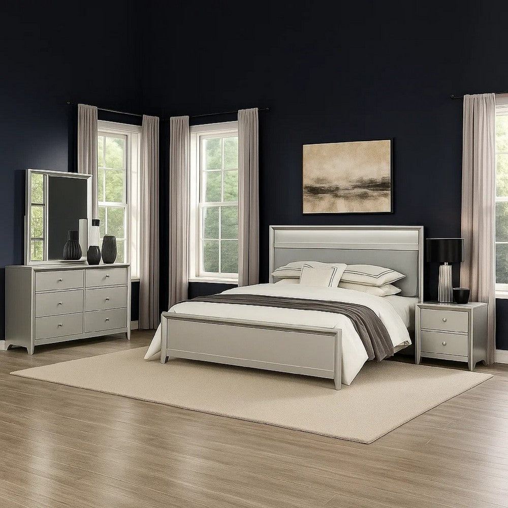 Broy 4pc Queen Bedroom Set w LED Bookcase Headboard | Mirror | Silver