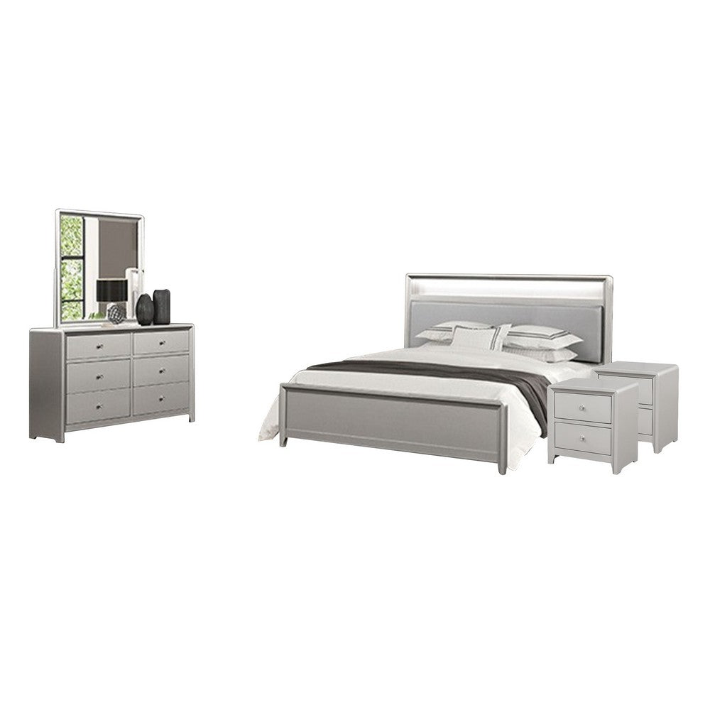 Broy 5pc Queen Bedroom Set | LED Bookcase Headboard | 2 Nightstands | Silver