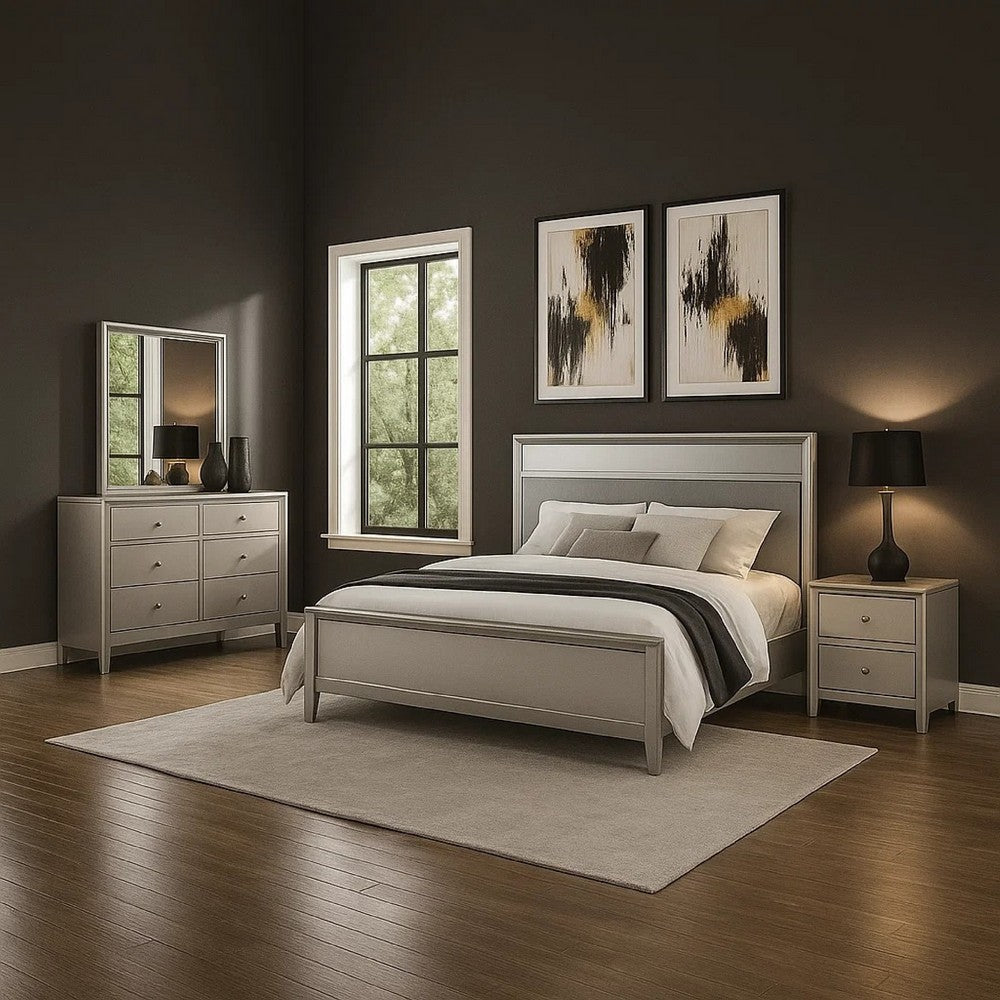 Broy 5pc Queen Bedroom Set | LED Bookcase Headboard | 2 Nightstands | Silver