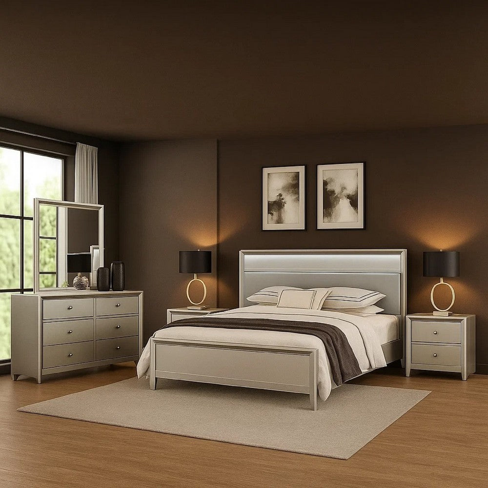 Broy 5pc Queen Bedroom Set | LED Bookcase Headboard | 2 Nightstands | Silver