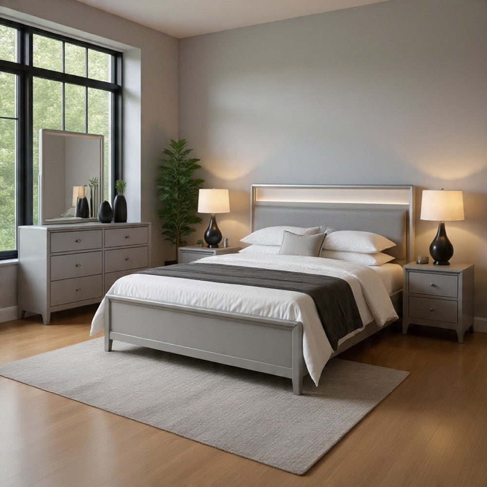 Broy 5pc Queen Bedroom Set | LED Bookcase Headboard | 2 Nightstands | Silver