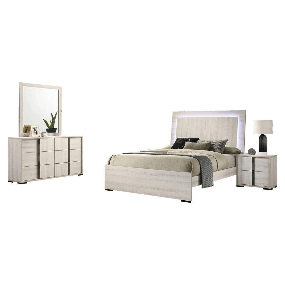 Hyao 4pc Queen Bedroom Set w LED Headboard | Whitewash | Dresser Mirror