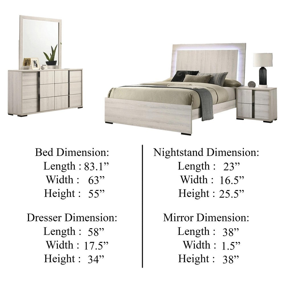 Hyao 4pc Queen Bedroom Set w LED Headboard | Whitewash | Dresser Mirror