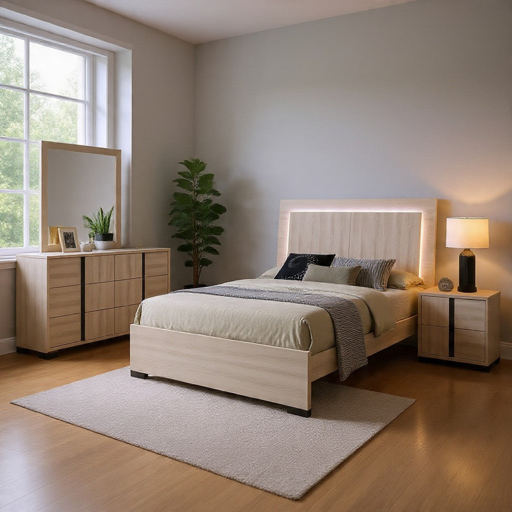Hyao 4pc Queen Bedroom Set w LED Headboard | Whitewash | Dresser Mirror