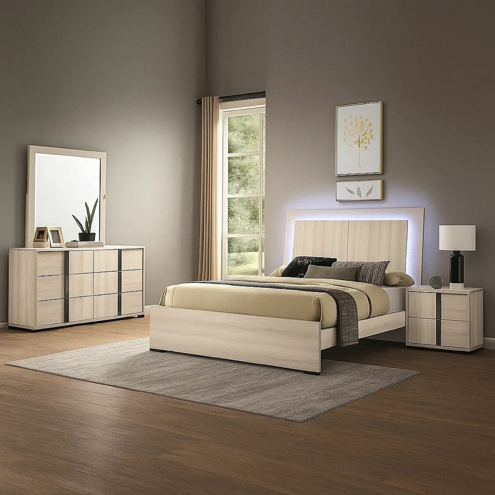 Hyao 4pc Queen Bedroom Set w LED Headboard | Whitewash | Dresser Mirror