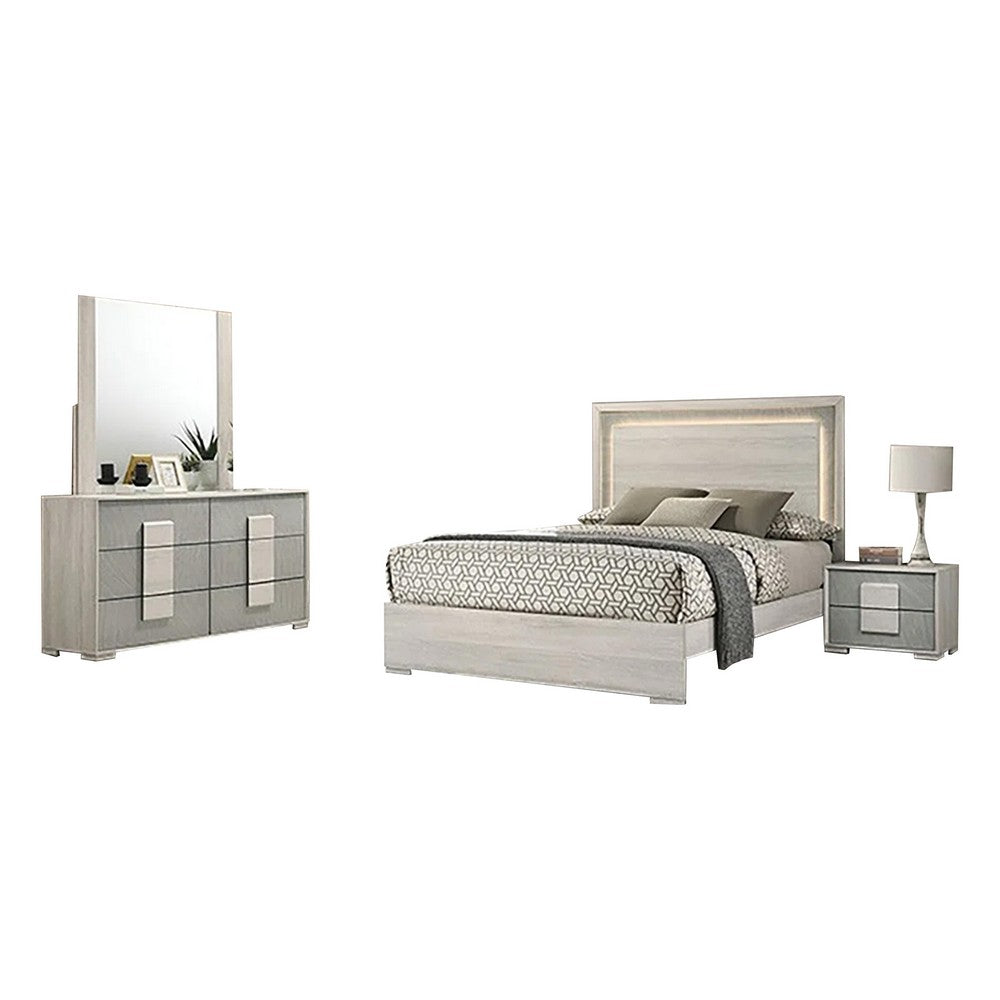 Nomi 4pc Queen Bedroom Set w LED Headboard | Stone Gray Drawers