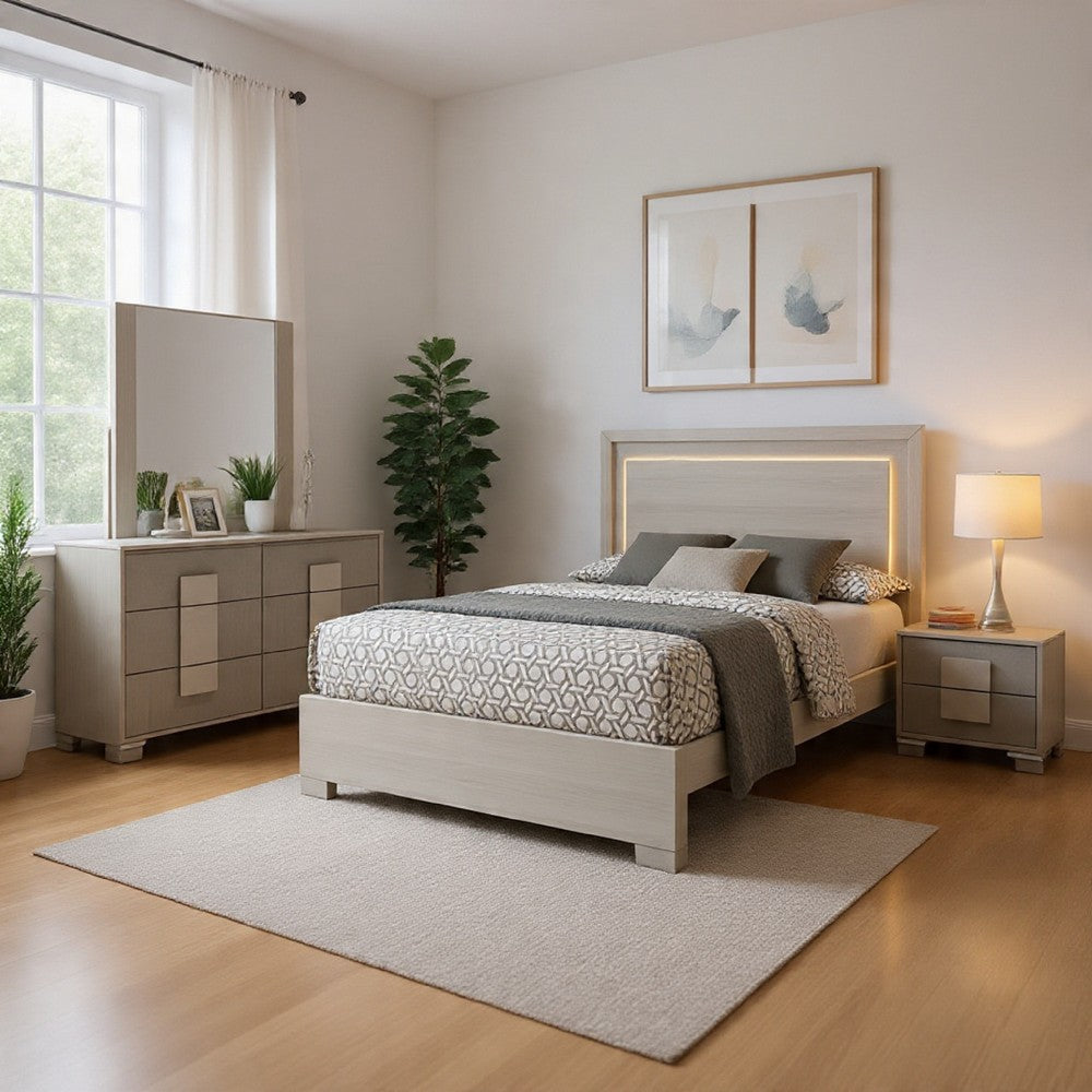 Nomi 4pc Queen Bedroom Set w LED Headboard | Stone Gray Drawers